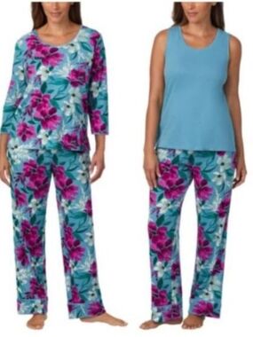 New Carol Hochman Turquoise 3-Piece Floral Pajama PJ Set Size Small NWOT